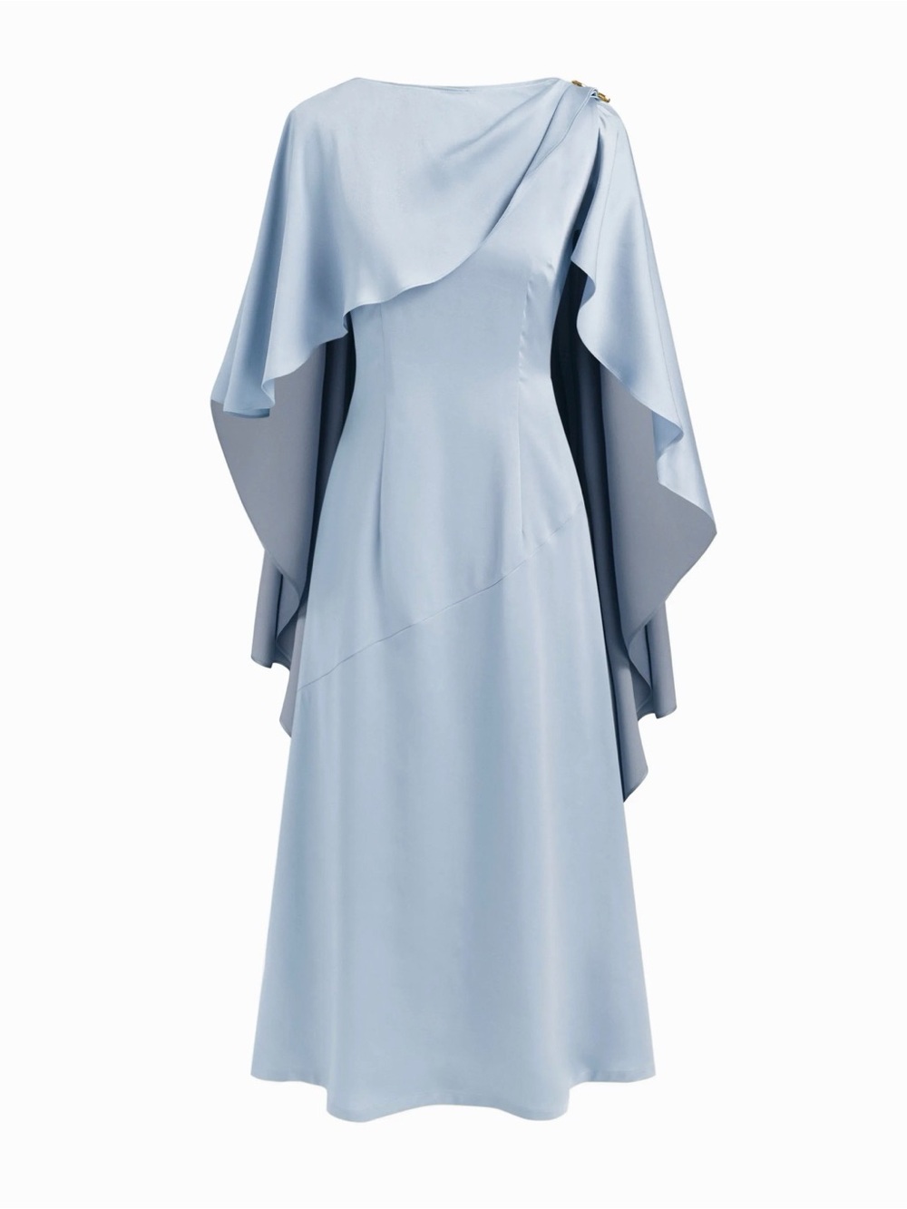 CIDER Light Blue Satin Boat Neck Ruffle Cape Maxi Dress S NWT